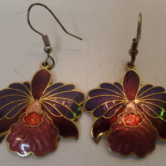 Vintage Cloisonné Floral Pattern Ear Rings Goldtone Backs & Hook Closure - Picture 3 of 5